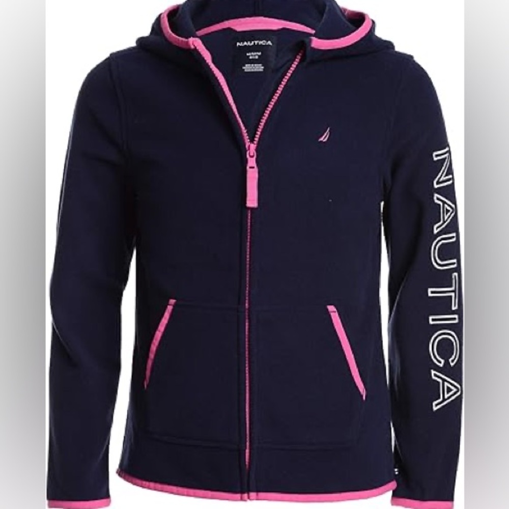 Nautica Girls Size 6X Navy Pink Full Zip Fleece Hoodie Jacket